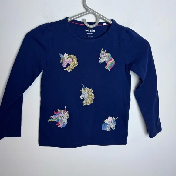 Mini Boden Girls Super Stitch‎ Unicorn Long Puff Sleeve T-Shirt Navy 5-6 Years - Picture 2 of 6